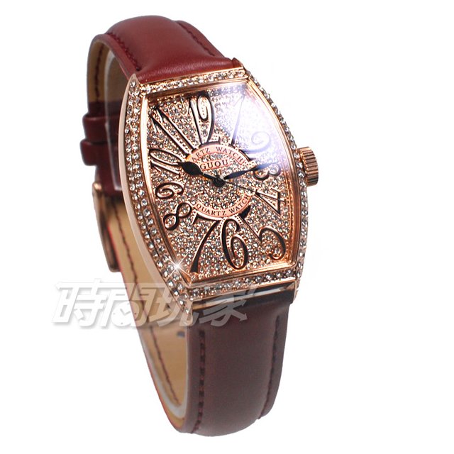 香港古歐 GUOU 閃耀時尚腕錶 酒樽型 真皮皮革錶帶 玫瑰金x紅咖 G8200玫紅咖