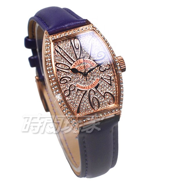 香港古歐 GUOU 閃耀時尚腕錶 酒樽型 真皮皮革錶帶 玫瑰金x紫 G8200玫紫