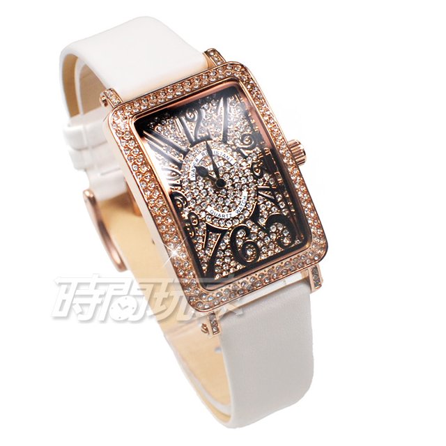 香港古歐 GUOU 閃耀時尚腕錶 滿鑽數字錶 長方型 真皮皮革錶帶 玫瑰金x白 G8201玫白