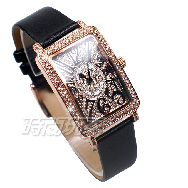 香港古歐 GUOU 閃耀時尚腕錶 滿鑽數字錶 長方型 真皮皮革錶帶 玫瑰金x黑 G8201玫黑
