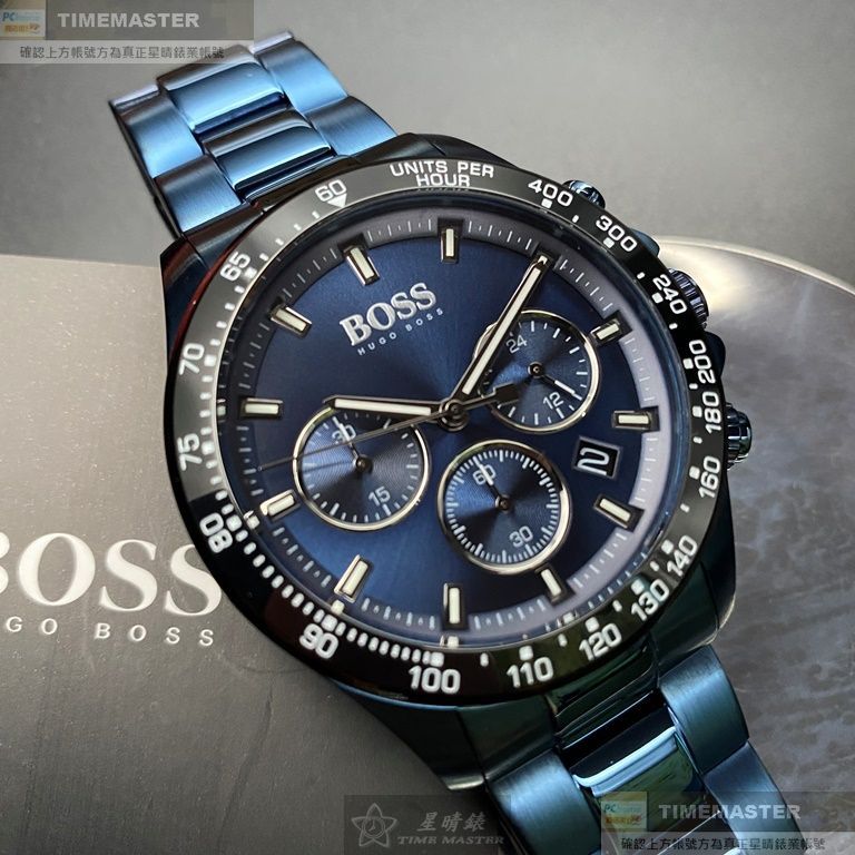 BOSS手錶,編號HB1513758,42mm寶藍圓形精鋼錶殼,寶藍色三眼, 時分秒中三針顯示, 運動錶面,寶藍精鋼錶帶款