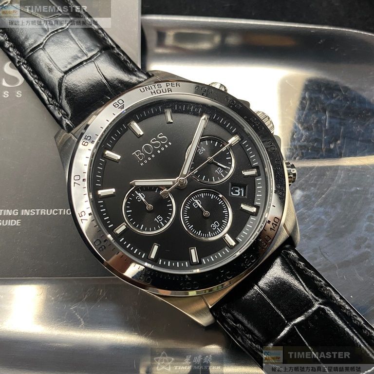 BOSS手錶,編號HB1513752,42mm銀圓形精鋼錶殼,黑色三眼, 時分秒中三針顯示, 運動錶面,深黑色真皮皮革錶帶款