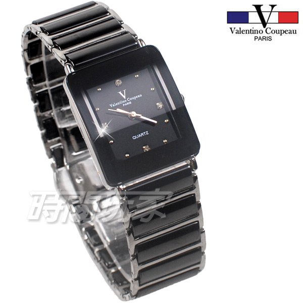 valentino coupeau范倫鐵諾 時刻 鑲鑽 方形男錶 防水手錶 不銹鋼 陶瓷錶 V61193黑陶大