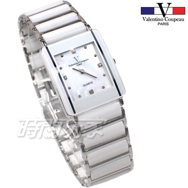 valentino coupeau范倫鐵諾 時刻 鑲鑽 方形男錶 防水手錶 不銹鋼 陶瓷錶 V61193白陶大