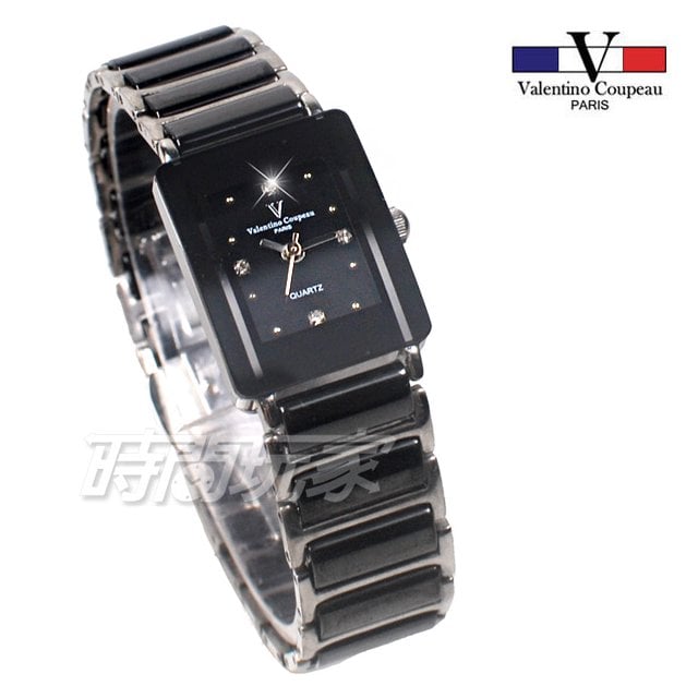 valentino coupeau范倫鐵諾 時刻 鑲鑽 方形女錶 防水手錶 不銹鋼 陶瓷錶 V61193黑陶小