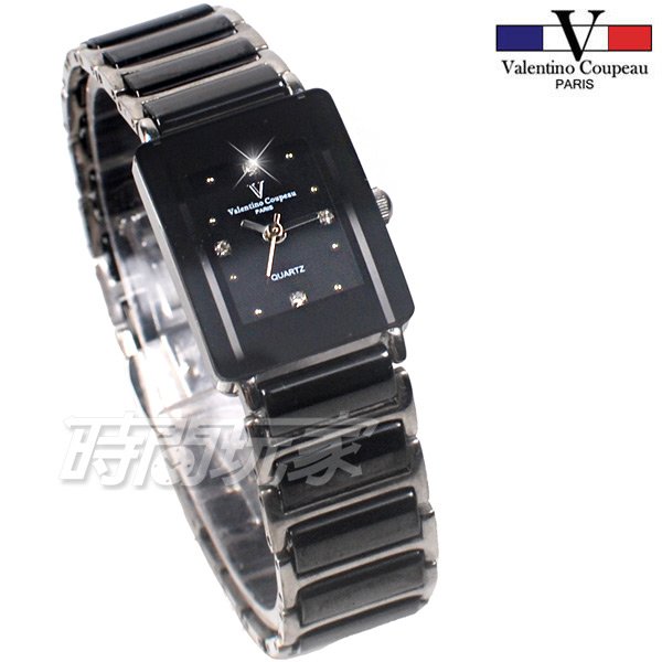 valentino coupeau范倫鐵諾 時刻 鑲鑽 方形女錶 防水手錶 不銹鋼 陶瓷錶 V61193黑陶小