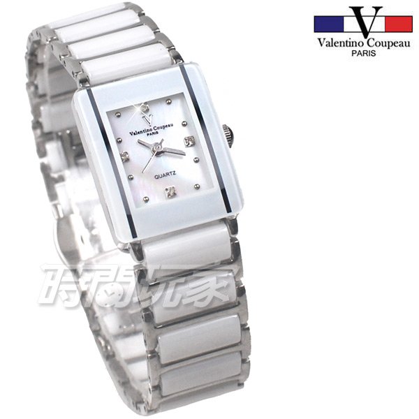 valentino coupeau范倫鐵諾 時刻 鑲鑽 方形女錶 防水手錶 不銹鋼 陶瓷錶 V61193白陶小