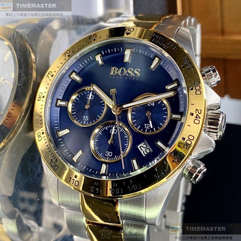 BOSS手錶,編號HB1513767,42mm金色圓形精鋼錶殼,寶藍色三眼, 時分秒中三針顯示錶面,金銀相間精鋼錶帶款
