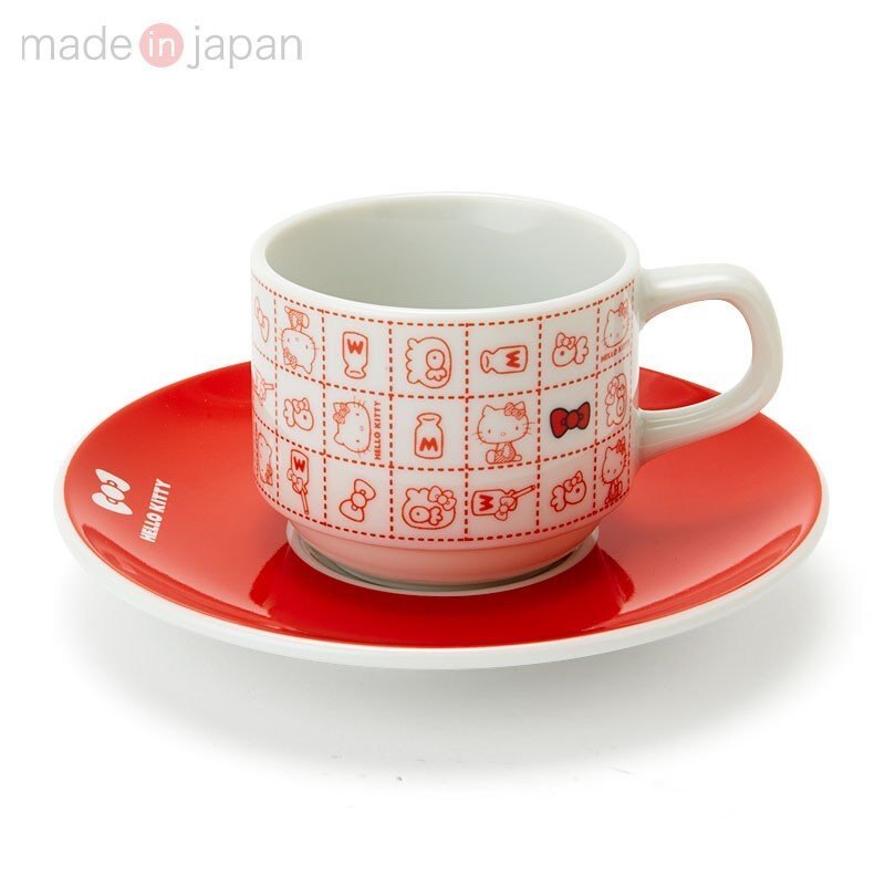 asdfkitty*日本製-KITTY紅格子陶瓷咖啡杯盤組-金正陶器