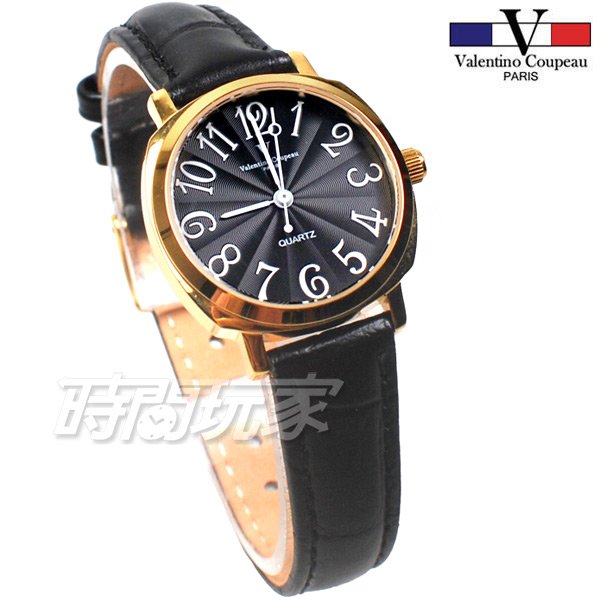 valentino coupeau范倫鐵諾 方圓數字時尚錶 防水手錶 真皮 金色x黑 女錶 V61601G黑小