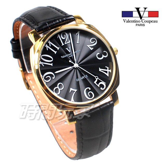 valentino coupeau范倫鐵諾 方圓數字時尚錶 防水手錶 真皮 金x黑 男錶 V61601G黑大
