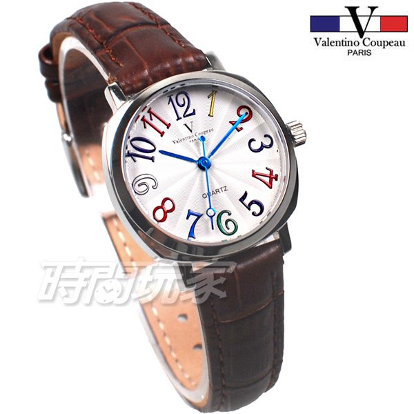 valentino coupeau范倫鐵諾 方圓數字時尚錶 防水手錶 真皮 咖啡色 女錶 V61601CW咖小