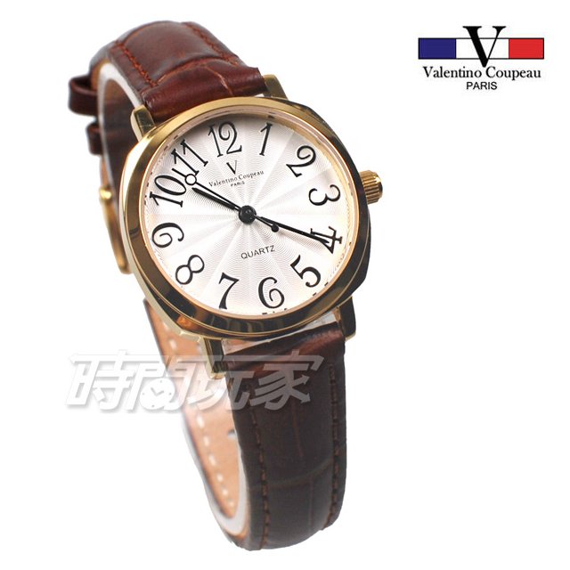 valentino coupeau范倫鐵諾 方圓數字時尚錶 防水手錶 真皮 金色x咖啡 女錶 V61601GW咖小