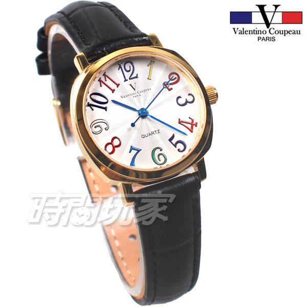 valentino coupeau范倫鐵諾 方圓數字時尚錶 防水手錶 真皮 金色x黑 女錶 V61601GW黑小