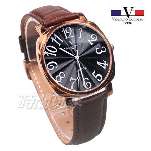 valentino coupeau范倫鐵諾 方圓數字時尚錶 防水手錶 真皮 玫瑰金x黑 男錶 V61601黑玫咖大