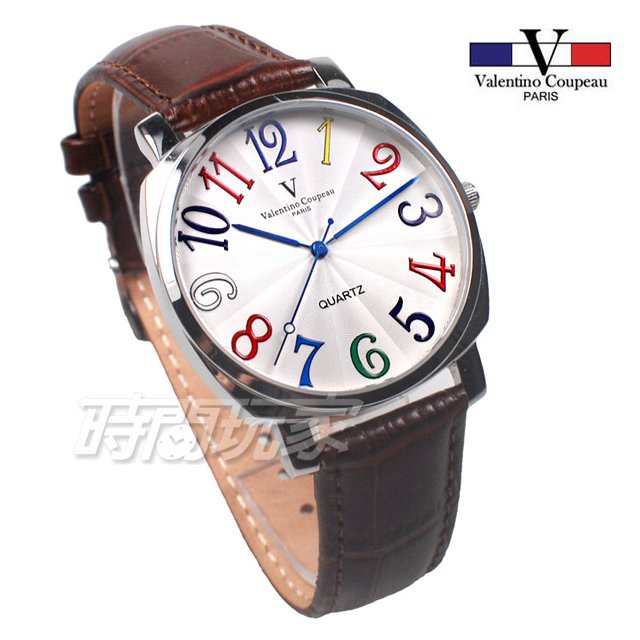 valentino coupeau范倫鐵諾 方圓數字時尚錶 防水手錶 真皮 咖啡色 男錶 V61601CW咖大