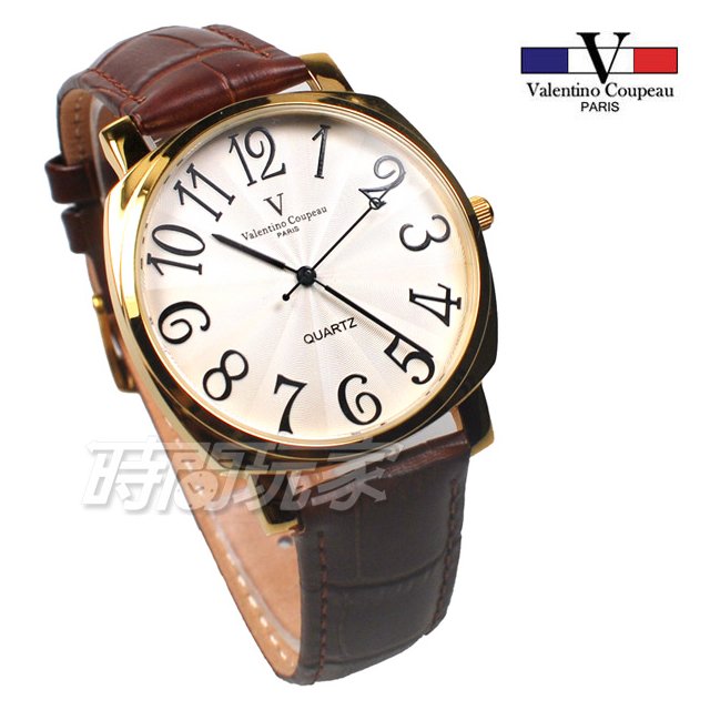 valentino coupeau范倫鐵諾 方圓數字時尚錶 防水手錶 真皮 金x咖啡 男錶 V61601GW咖大