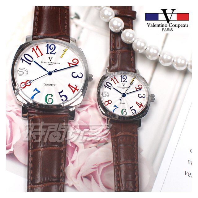valentino coupeau范倫鐵諾 方圓數字時尚錶 防水手錶 真皮 咖啡色 對錶 V61601CW咖大+V61601CW咖小