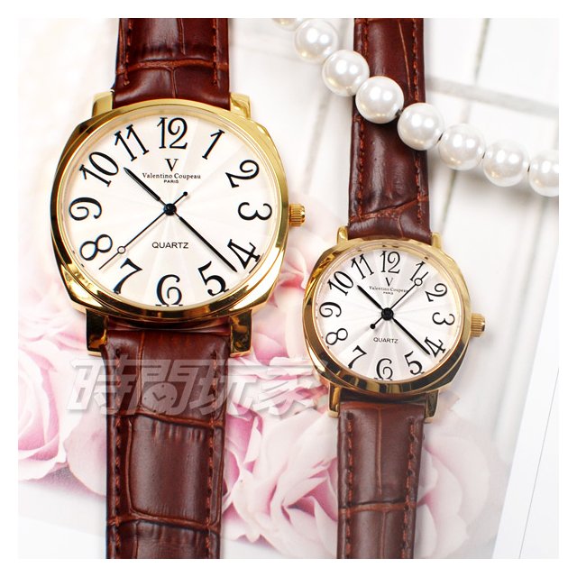 valentino coupeau范倫鐵諾 方圓數字時尚錶 防水手錶 真皮 金色x咖啡 對錶 V61601GW咖大+V61601GW咖小