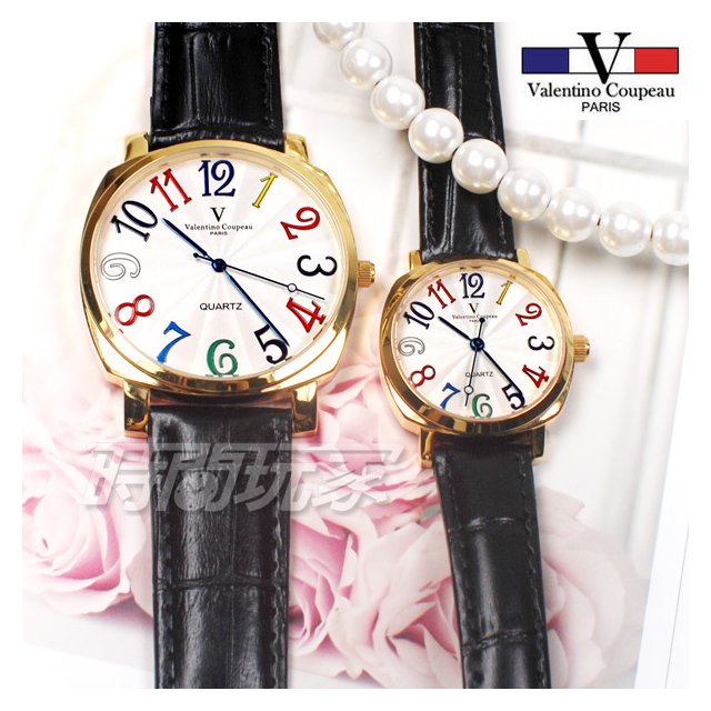 valentino coupeau范倫鐵諾 方圓數字時尚錶 防水手錶 真皮 金色x黑色 對錶 V61601GW黑大+V61601GW黑小