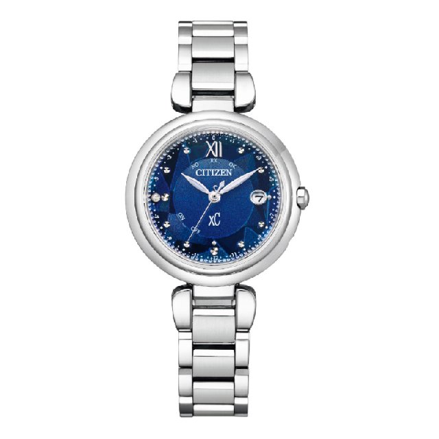 CITIZEN星辰 ES9460-53N 限量日本藍光動能鈦金屬電波萬年曆女錶套錶 /銀x藍 29mm