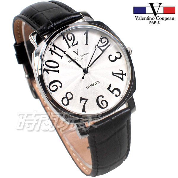 valentino coupeau范倫鐵諾 方圓數字時尚錶 防水手錶 真皮 黑色 男錶 V61601B白黑大