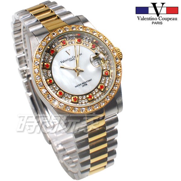 valentino coupeau范倫鐵諾 奢華閃耀晶鑽指針錶 防水手錶 石英錶 男錶 半金 V12170紅鑽大