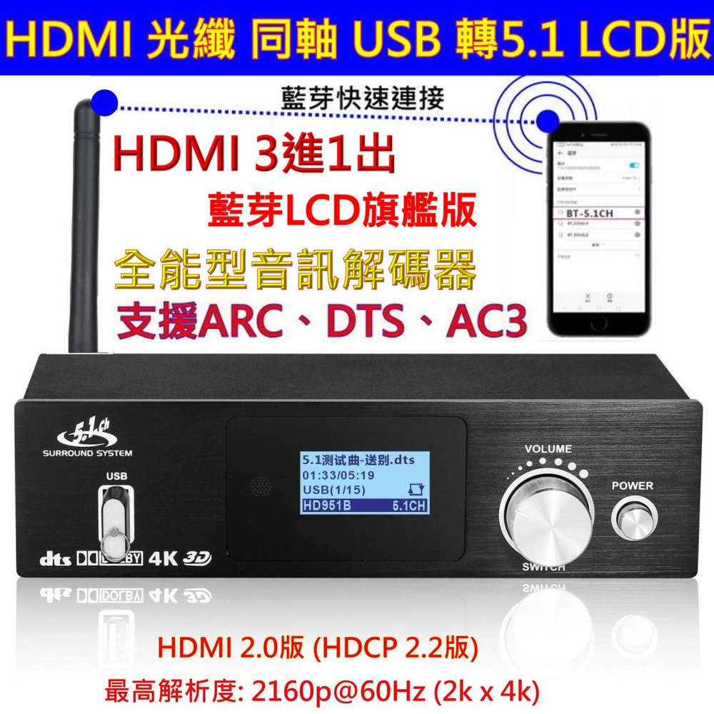 (現貨) (擴大機的救星) HDMI2.0版 4K LCD旗艦版 光纖 同軸 HDMI 轉5.1聲道 藍芽 全能解碼器 DTS AC3 耳機