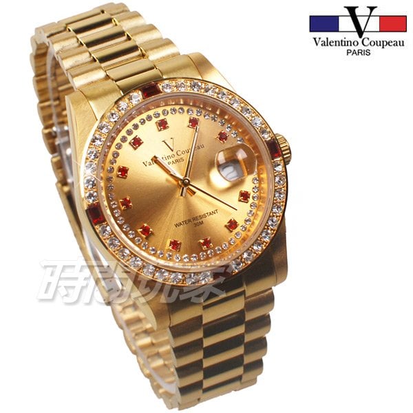 valentino coupeau 范倫鐵諾 滿天星鑽 不鏽鋼 防水手錶 男錶 金色 鑲鑽 經典 放大日期 V1217K方紅大