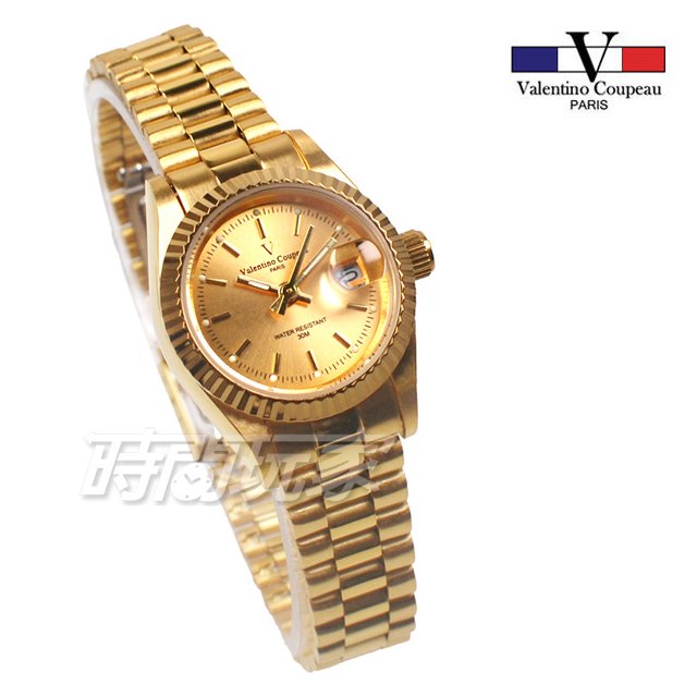 valentino coupeau 范倫鐵諾 標準時刻 不鏽鋼 防水手錶 女錶 金色 經典 放大日期 V12169K金小