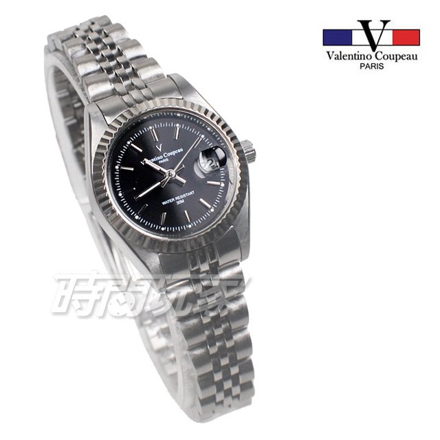 valentino coupeau 范倫鐵諾 標準時刻 不鏽鋼 防水手錶 女錶 黑色 經典 放大日期 V12169S黑釘小