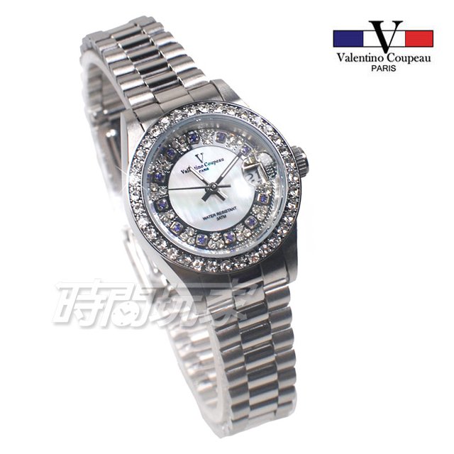 valentino coupeau 范倫鐵諾 標準時刻 不鏽鋼 防水手錶 女錶 銀色 鑲鑽 經典 放大日期 V12170藍鑽小