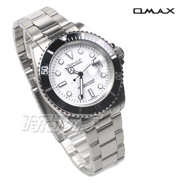 OMAX 十足個性 時尚流行錶 水鬼錶 加強夜光 不銹鋼帶 男錶 防水手錶 OM4057黑框白