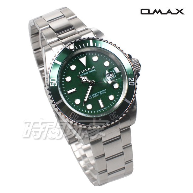 OMAX 十足個性 時尚流行錶 水鬼錶 加強夜光 不銹鋼帶 男錶 防水手錶 OM4057綠框綠
