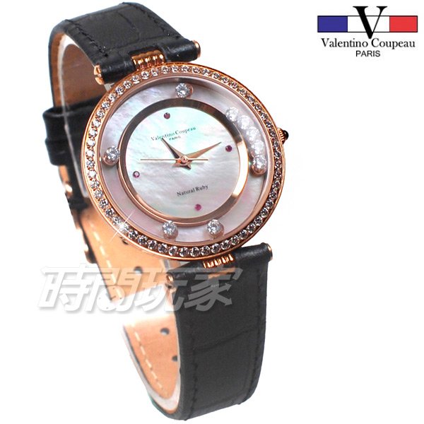 valentino coupeau 范倫鐵諾 薄型 滾鑽錶 穩鑽 法國巴黎風情 皮革錶帶 女錶 黑色 V61253紅寶黑