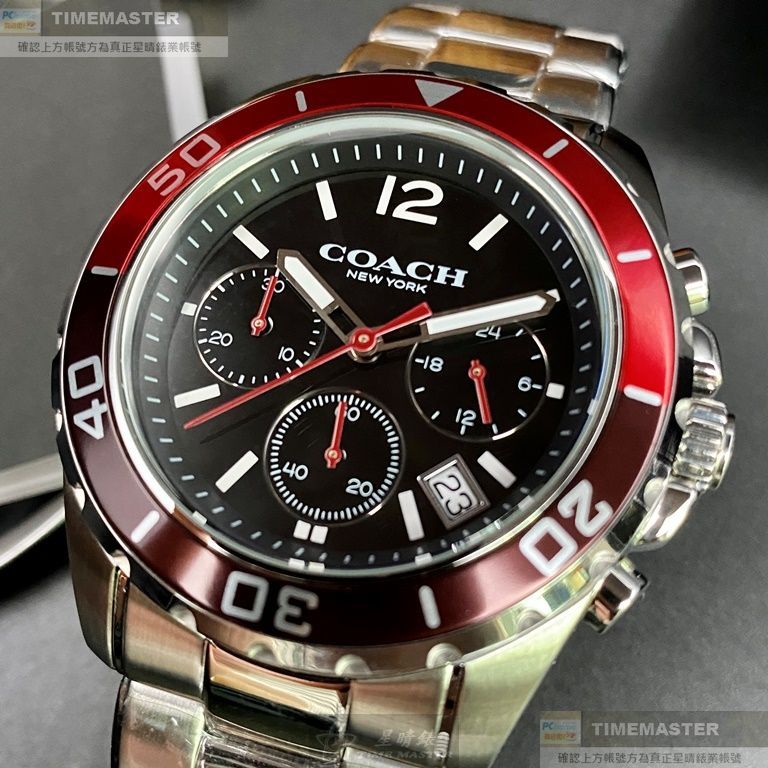 COACH手錶,編號CH00062,44mm紅黑色圓形精鋼錶殼,黑色三眼, 時分秒中三針顯示, 水鬼錶面,銀色精鋼錶帶款