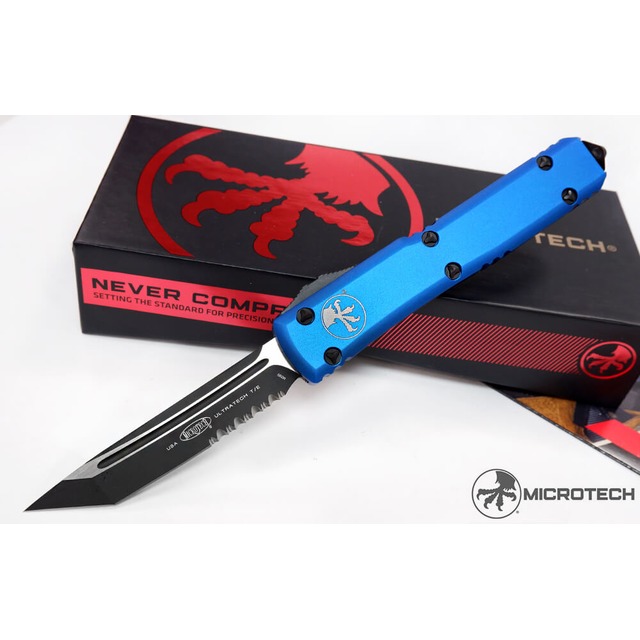 Microtech Ultratech T/E藍鋁柄TANTO黑半齒刃彈簧刀 -#MT 123-2BL