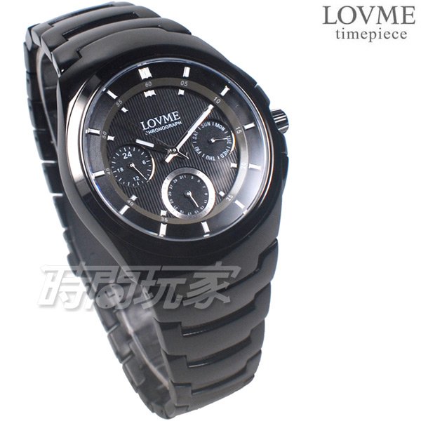 LOVME 個性 運動休閒風格 三眼多功能 時刻腕錶 防水男錶 IP黑電鍍 不銹鋼 VS0365M-33-321