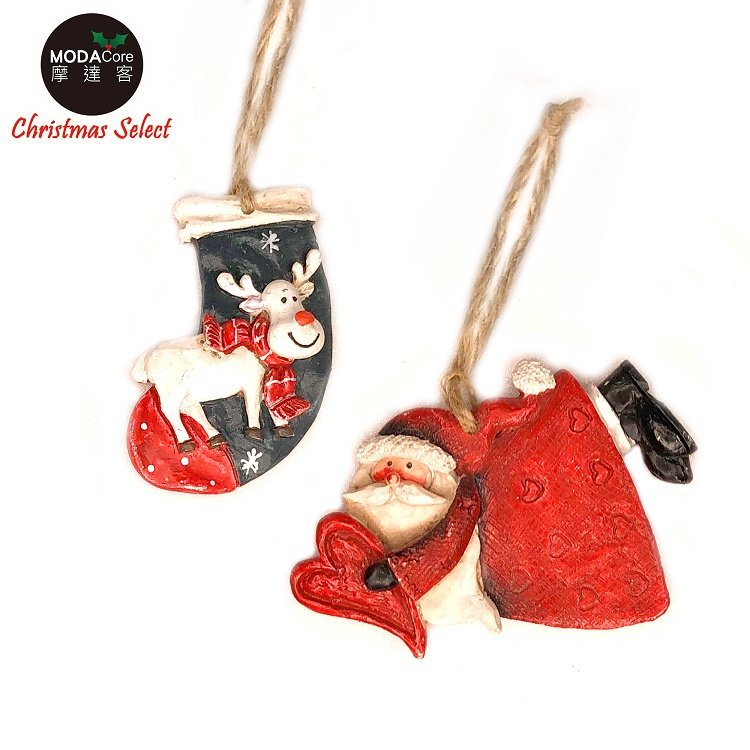 摩達客-聖誕樹脂藝術創作裝飾吊飾-2入組-4.愛心飛行老公公麋鹿襪
