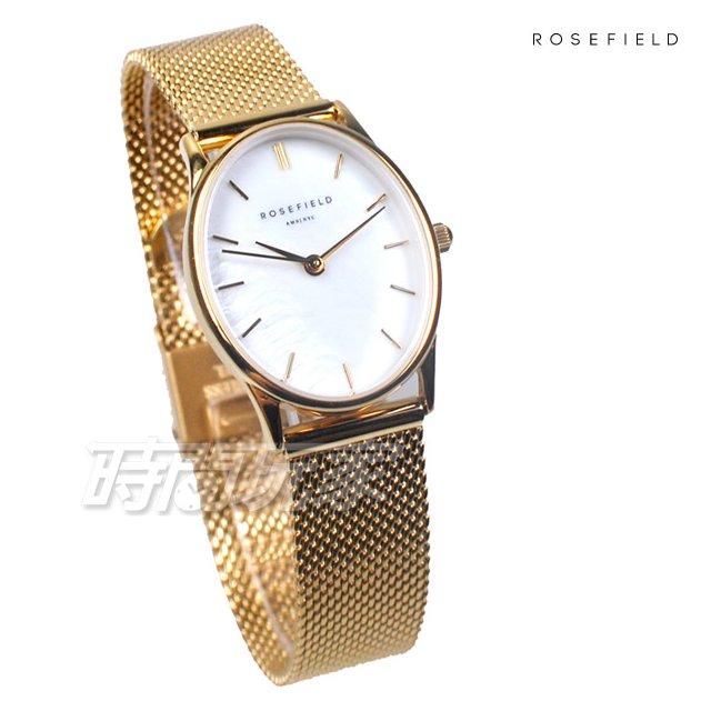 ROSEFIELD 歐風美學 時尚簡約 橢圓形 不鏽鋼 米蘭帶 女錶 防水手錶 金 OWGMG-OV10