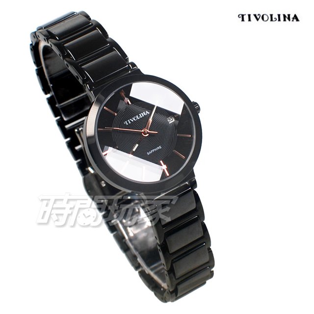 TIVOLINA 寶石切割鏡面 陶瓷錶 防水錶 藍寶石水晶鏡面 日期顯示窗 女錶 黑色 LAK3761-K