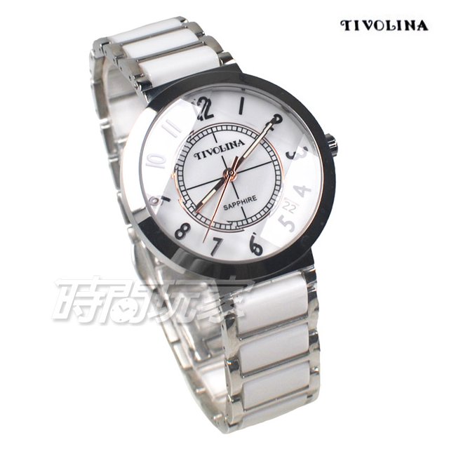TIVOLINA 寶石切割鏡面 陶瓷錶 防水錶 藍寶石水晶鏡面 日期顯示窗 中性錶 白色 MAW3762-W