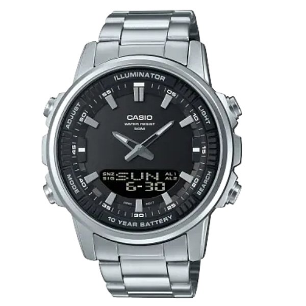 casio 卡西歐 amw 880 d 1 av 十年電力 telememo 30 運動休閒雙顯錶 黑 x 不鏽鋼錶帶 47 mm