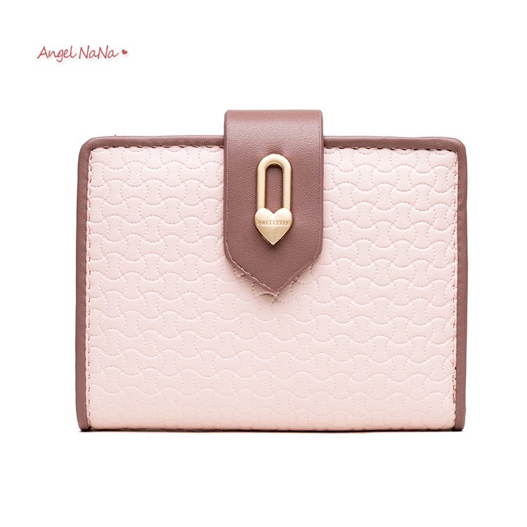 短夾-甜美愛心優雅格子壓印撞色搭扣女皮夾皮包零錢包 Angelnana (SMA0331)