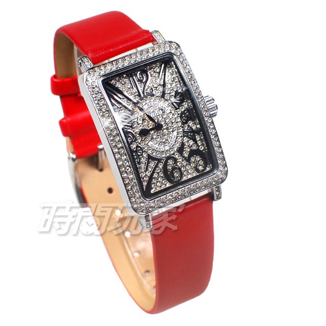 香港古歐 GUOU 閃耀時尚腕錶 滿鑽數字錶 長方型 真皮皮革錶帶 銀x紅 G8201銀紅