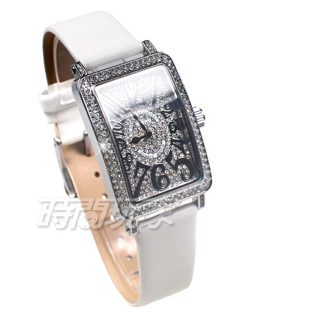 香港古歐 GUOU 閃耀時尚腕錶 滿鑽數字錶 長方型 真皮皮革錶帶 銀x白 G8201銀白