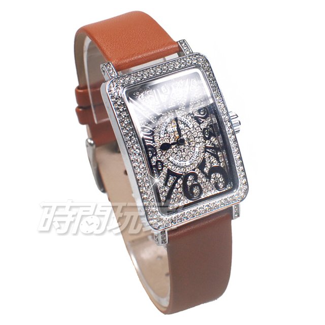 香港古歐 GUOU 閃耀時尚腕錶 滿鑽數字錶 長方型 真皮皮革錶帶 銀x淺咖啡 G8201銀淺咖