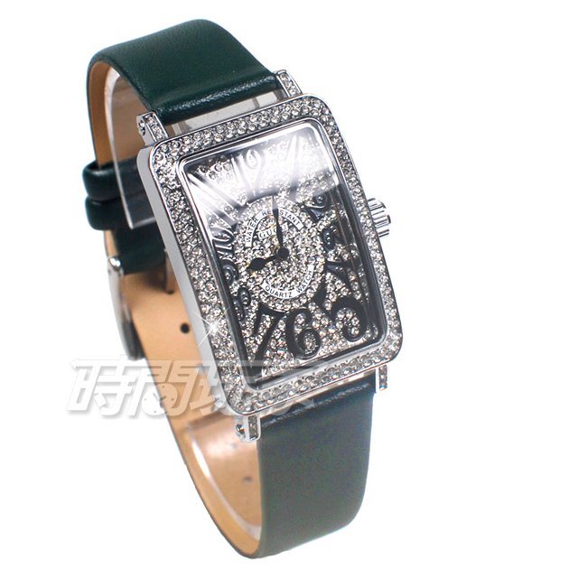 香港古歐 GUOU 閃耀時尚腕錶 滿鑽數字錶 長方型 真皮皮革錶帶 銀x綠 G8201銀綠