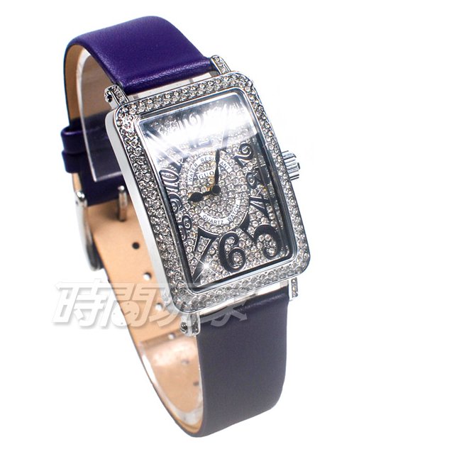 香港古歐 GUOU 閃耀時尚腕錶 滿鑽數字錶 長方型 真皮皮革錶帶 銀x紫 G8201銀紫
