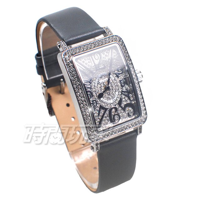 香港古歐 GUOU 閃耀時尚腕錶 滿鑽數字錶 長方型 真皮皮革錶帶 銀x灰 G8201銀灰